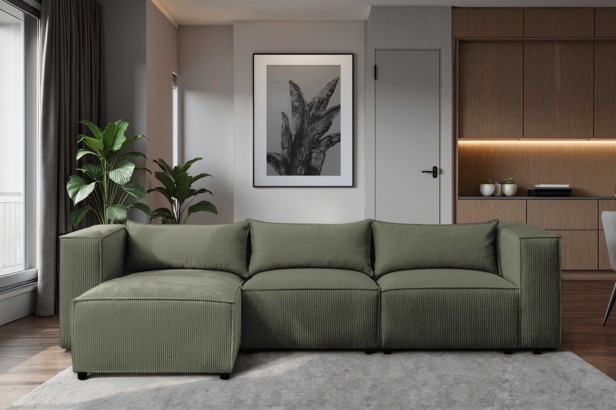 Ecksofa MODULO 290x185 cm Modulsofa Lincoln 37 Grün – Modernes Design mit weichem Breitcord-Stoff