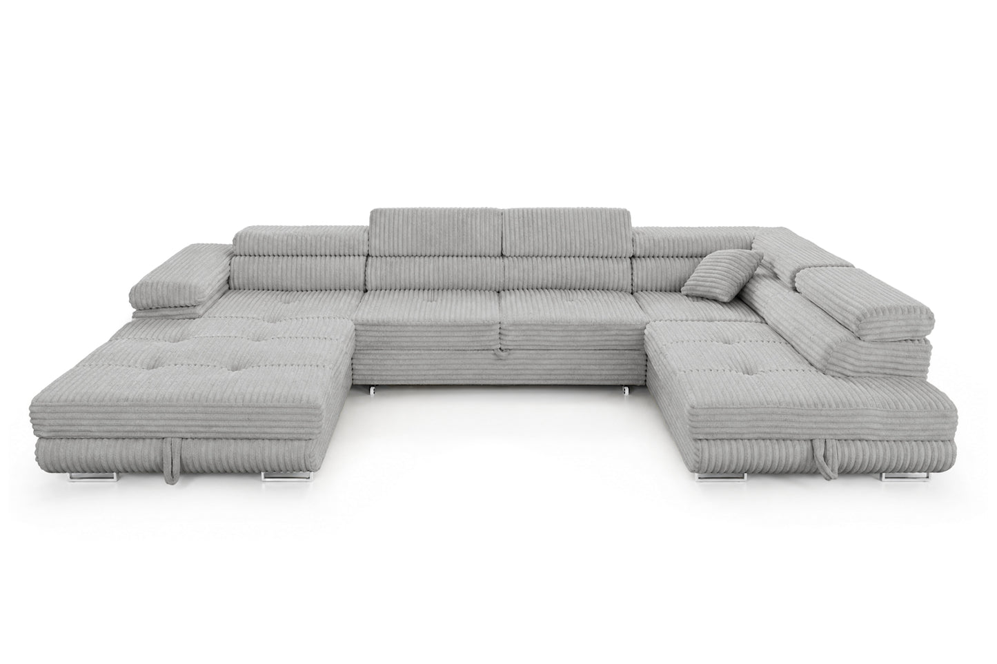 Wohnlandschaft Cordo U XXL U-Form Sofa mit Schlaffunktion & 2 Bettkästen – Breitcord Tilia Hellgrau– Ottomane Rechts