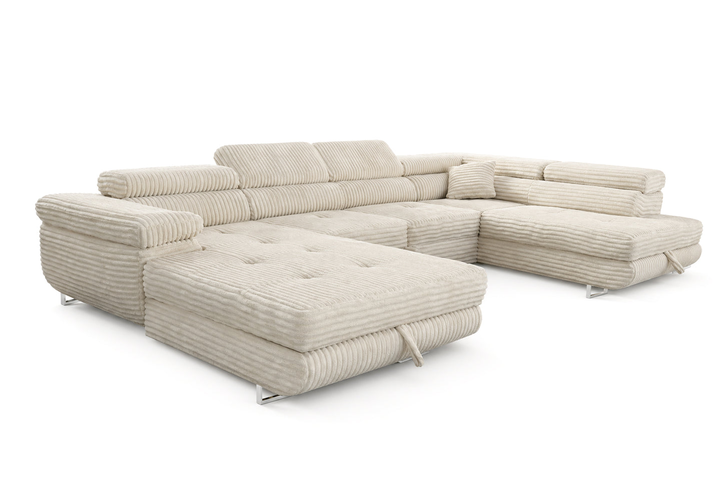 Wohnlandschaft Cordo U XXL U-Form Sofa mit Schlaffunktion & 2 Bettkästen – Breitcord Tilia Creme– Ottomane Rechts