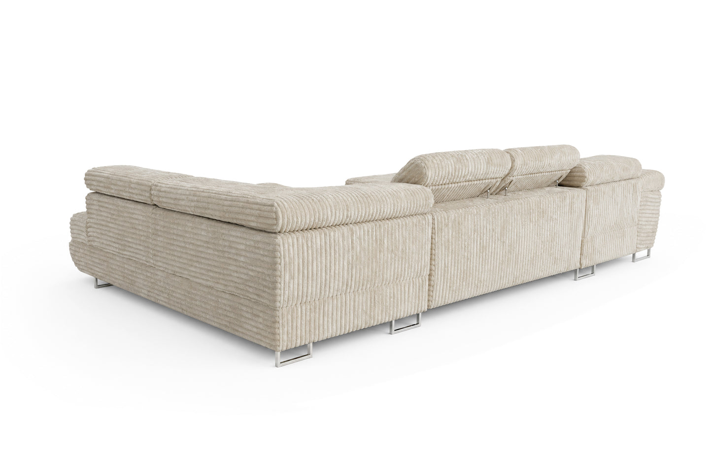 Wohnlandschaft Cordo U XXL U-Form Sofa mit Schlaffunktion & 2 Bettkästen – Breitcord Tilia Creme– Ottomane Rechts