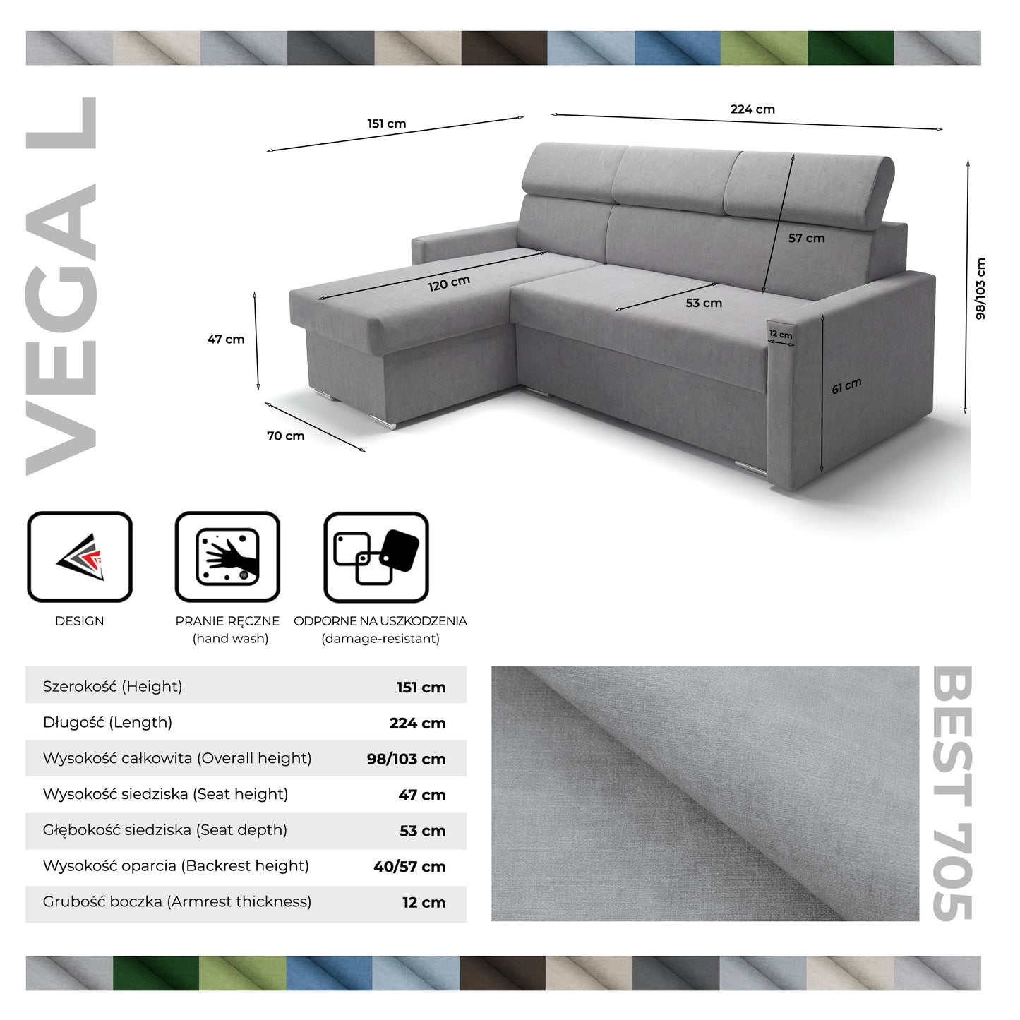 Ecksofa Vega L mit Schlaffunktion & Bettkasten – Samtstoff Best Stahlfarbe – Zero-Wall Design Wandbündig – L-Form Sofa Freistehend