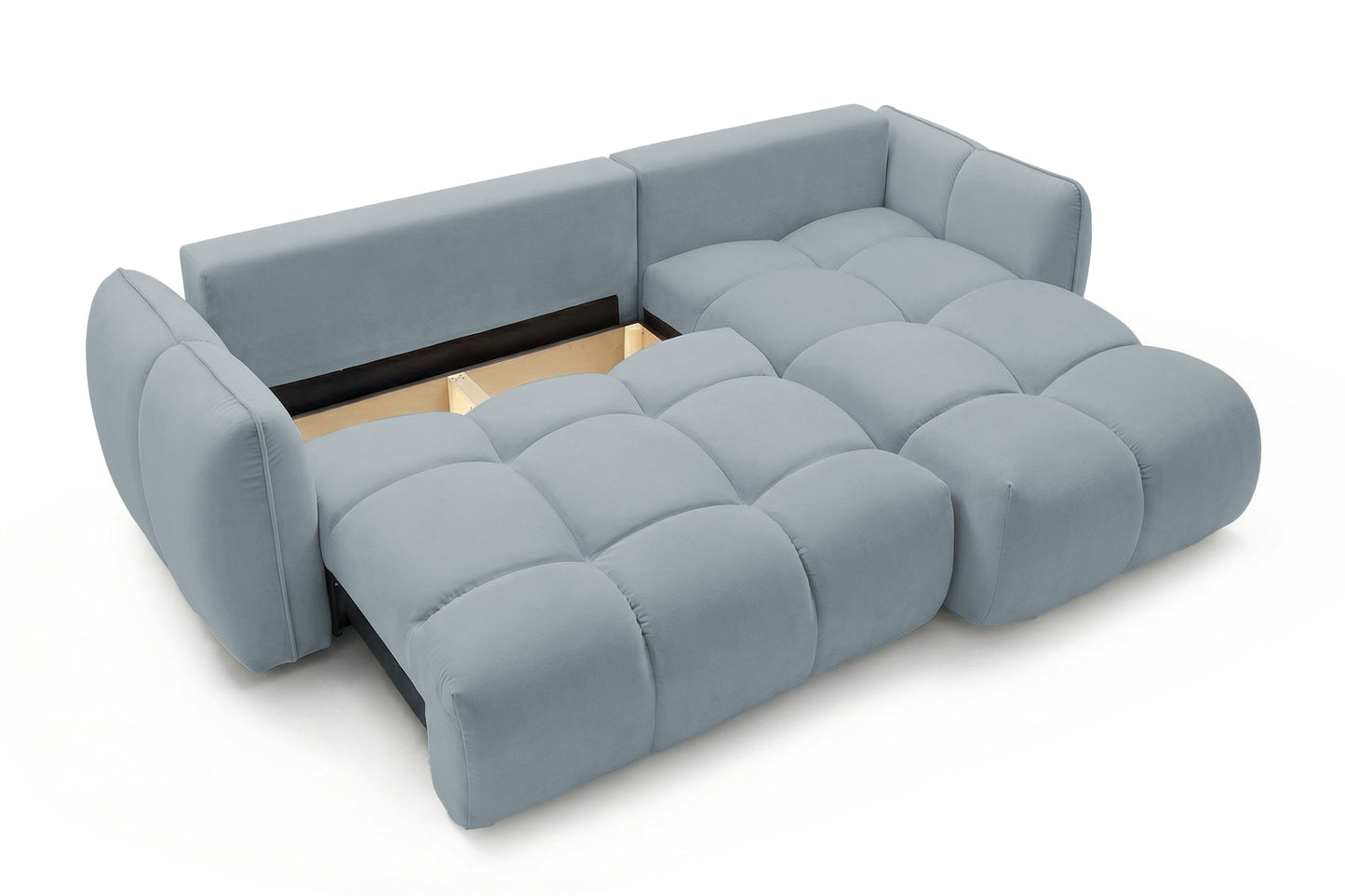 Ecksofa BELVEO mit Schlaffunktion und Bettkasten L-Form Ausrichtung Rechts Stoff Bluvel 06 Graublau