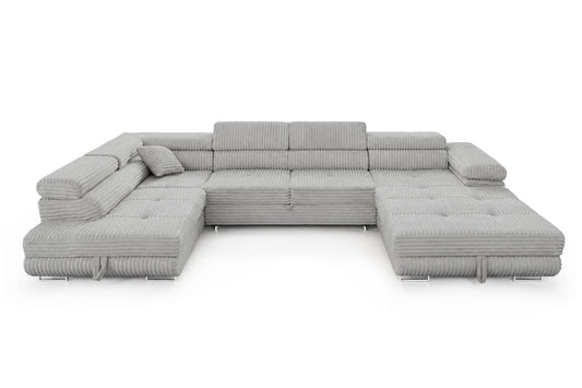 Wohnlandschaft Cordo U XXL U-Form Sofa mit Schlaffunktion & 2 Bettkästen – Breitcord Tilia Hellgrau – Ottomane Links