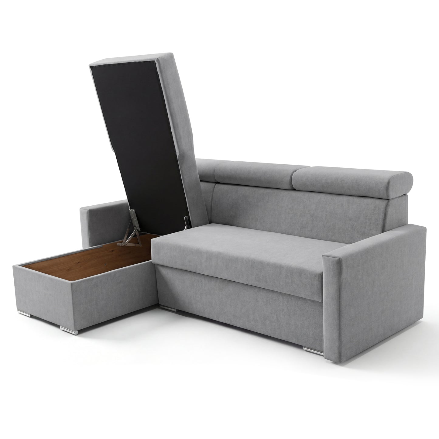Ecksofa Vega L mit Schlaffunktion & Bettkasten – Samtstoff Best Hellgrau– Zero-Wall Design Wandbündig – L-Form Sofa Freistehend