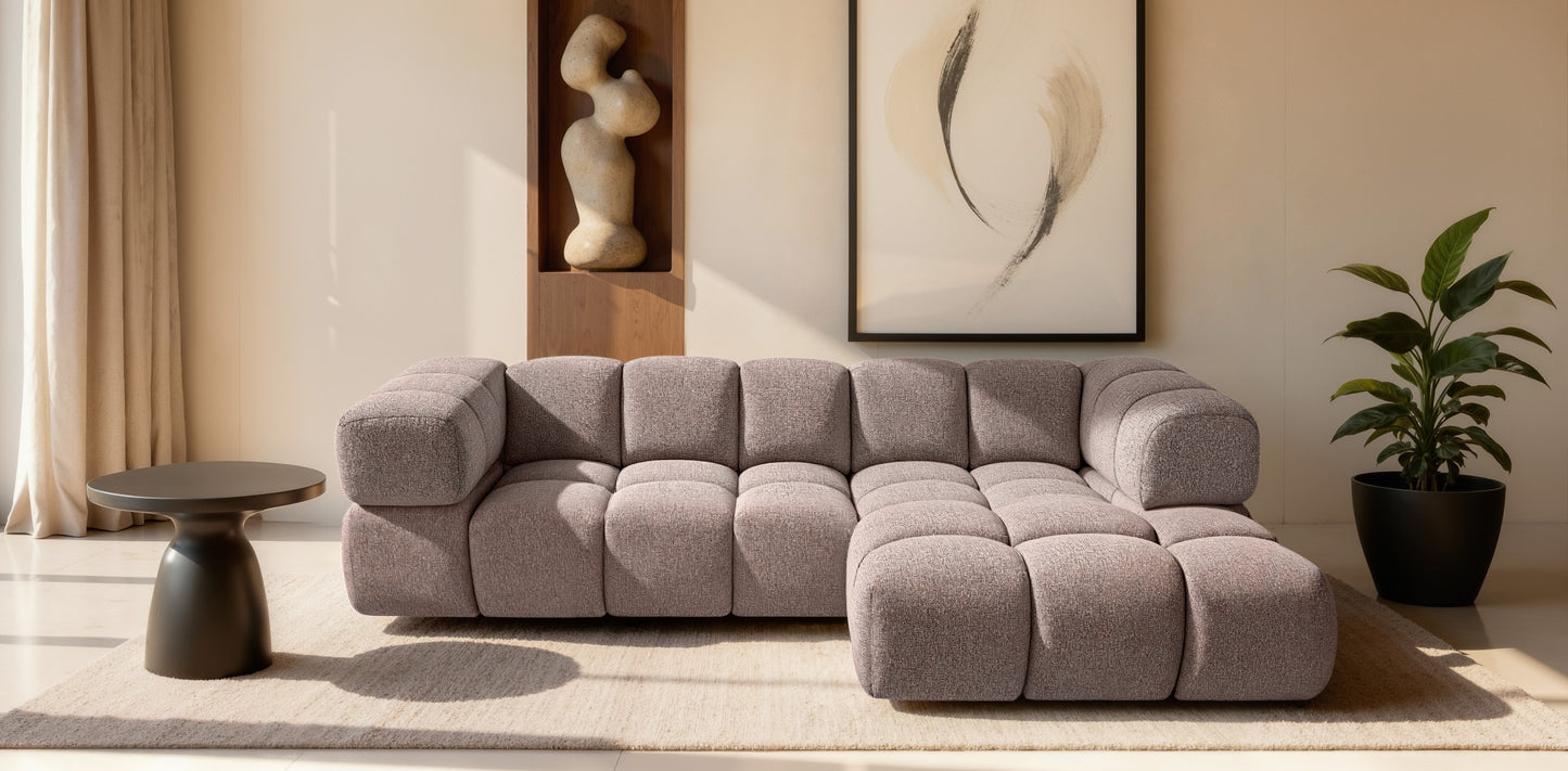 Ecksofa AVERRO 280x150 cm Puente 68 Altrosa Ottomane RECHTS – Modernes Bubble-Sofa mit Bweichem Chenille-Strukturstoff