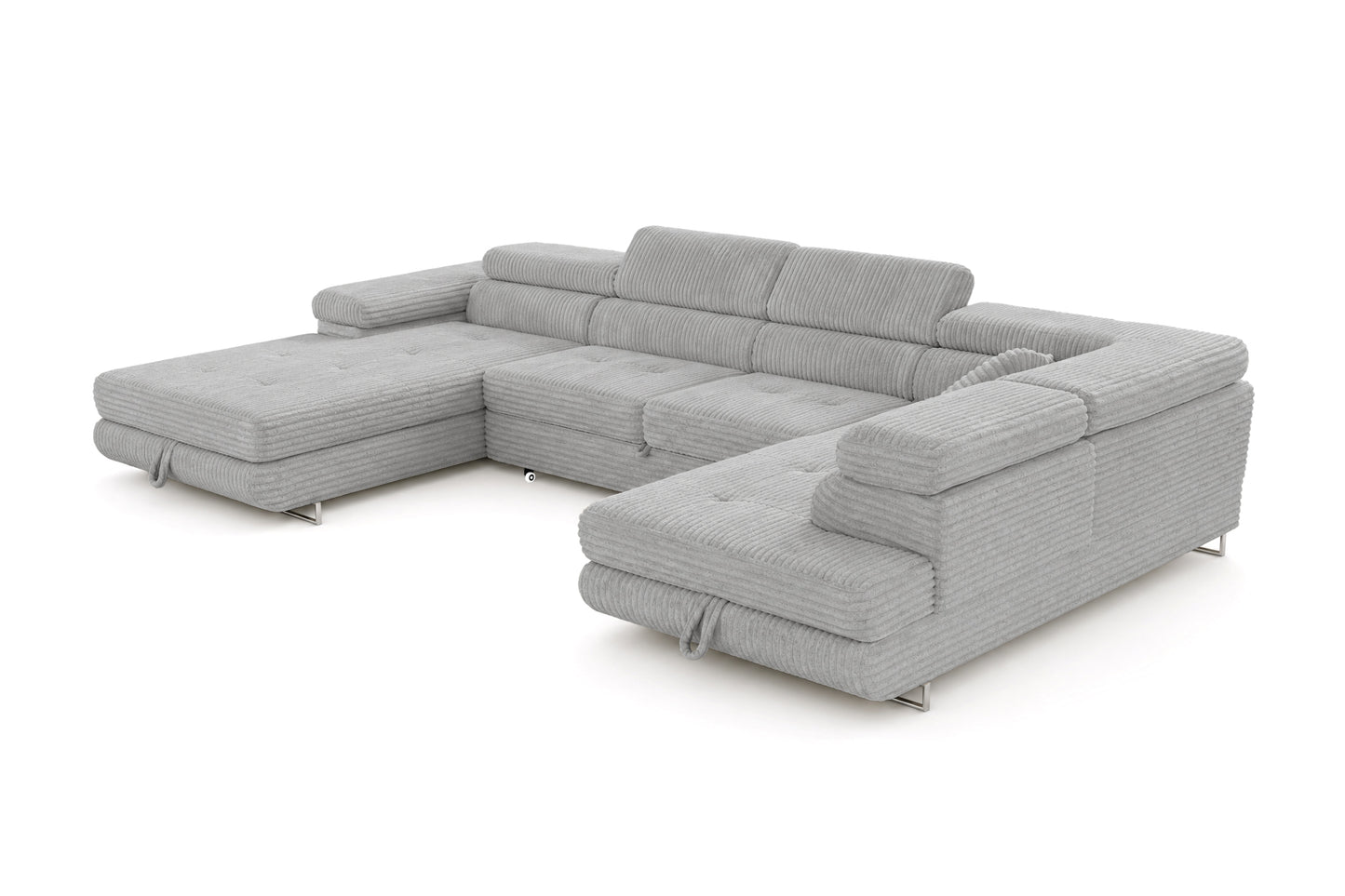 Wohnlandschaft Cordo U XXL U-Form Sofa mit Schlaffunktion & 2 Bettkästen – Breitcord Tilia Hellgrau– Ottomane Rechts