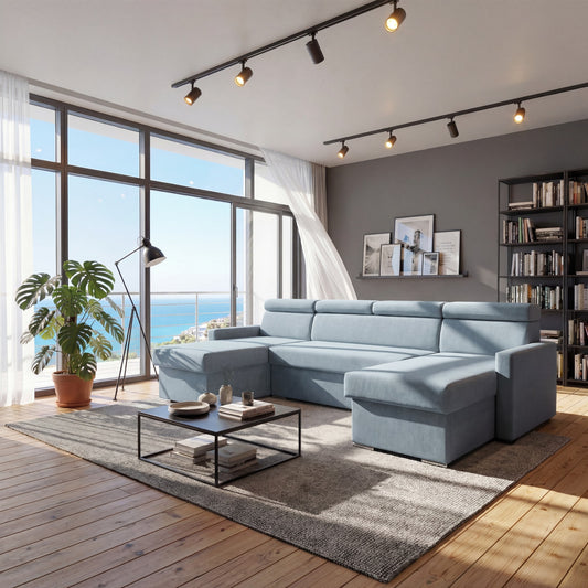 Vega U Wohnlandschaft mit Schlaffunktion und 2 Bettkasten Ecksofa in U-Form Verstellbare Kopfstützen Samt-Stoff Best 305x151 cm (711)