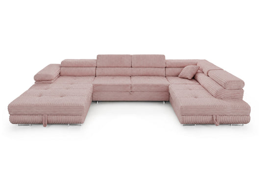 Wohnlandschaft Cordo U XXL U-förmiges Sofa mit Schlaffunktion & 2 Bettkästen – Breitcord Tilia Altrosa – Ottomane Rechts