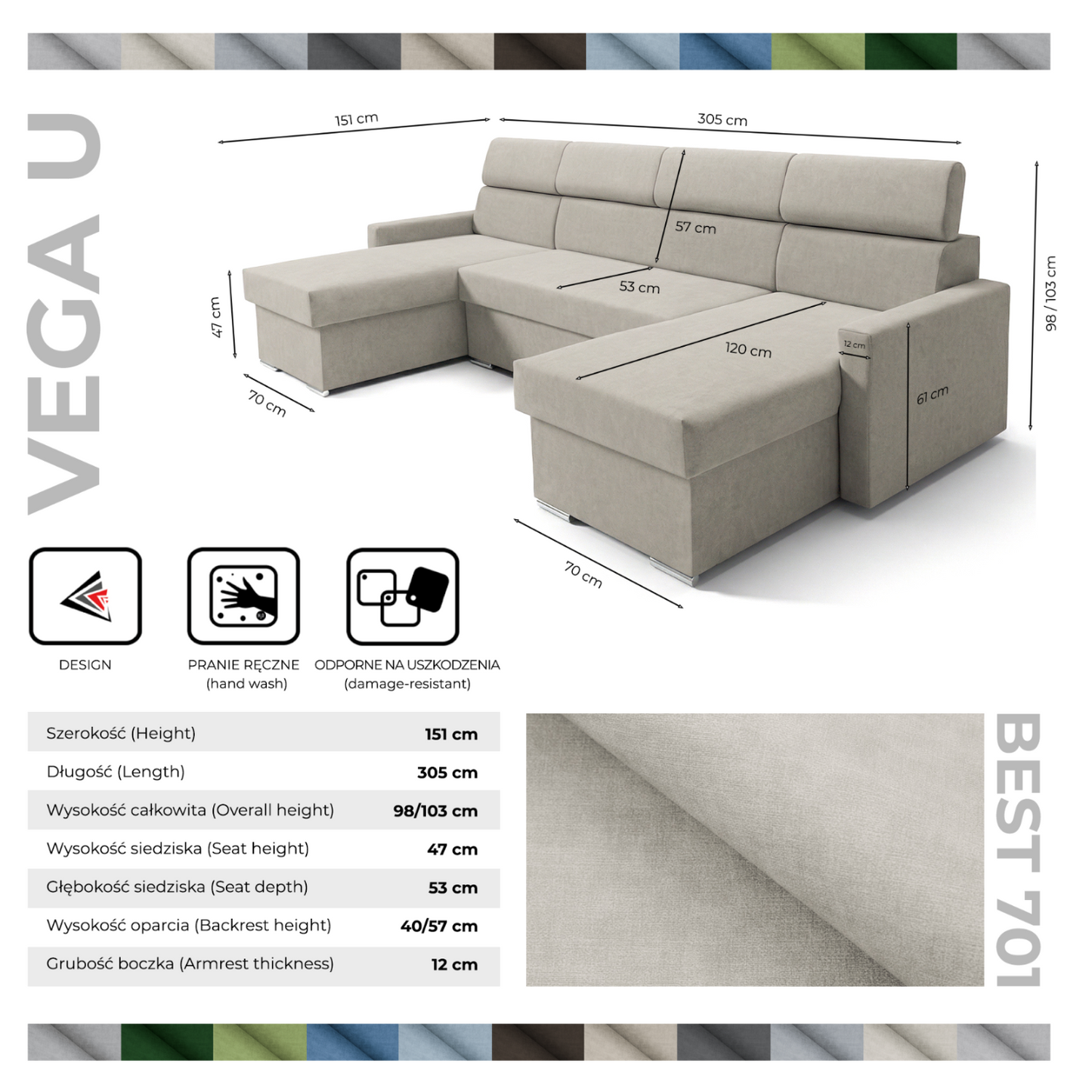 Vega U Wohnlandschaft mit Schlaffunktion und 2 Bettkästen Ecksofa in U-Form Verstellbare Kopfstützen Samt-Stoff Best 305x151 cm (Hellbeige)