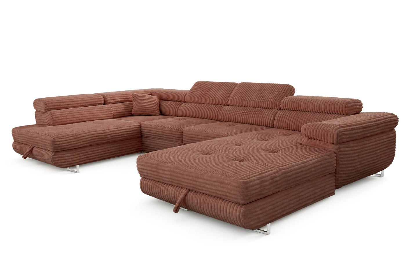 Wohnlandschaft Cordo U XXL U-Form Sofa mit Schlaffunktion & 2 Bettkästen – Breitcord Tilia Terrakotta– Ottomane Links