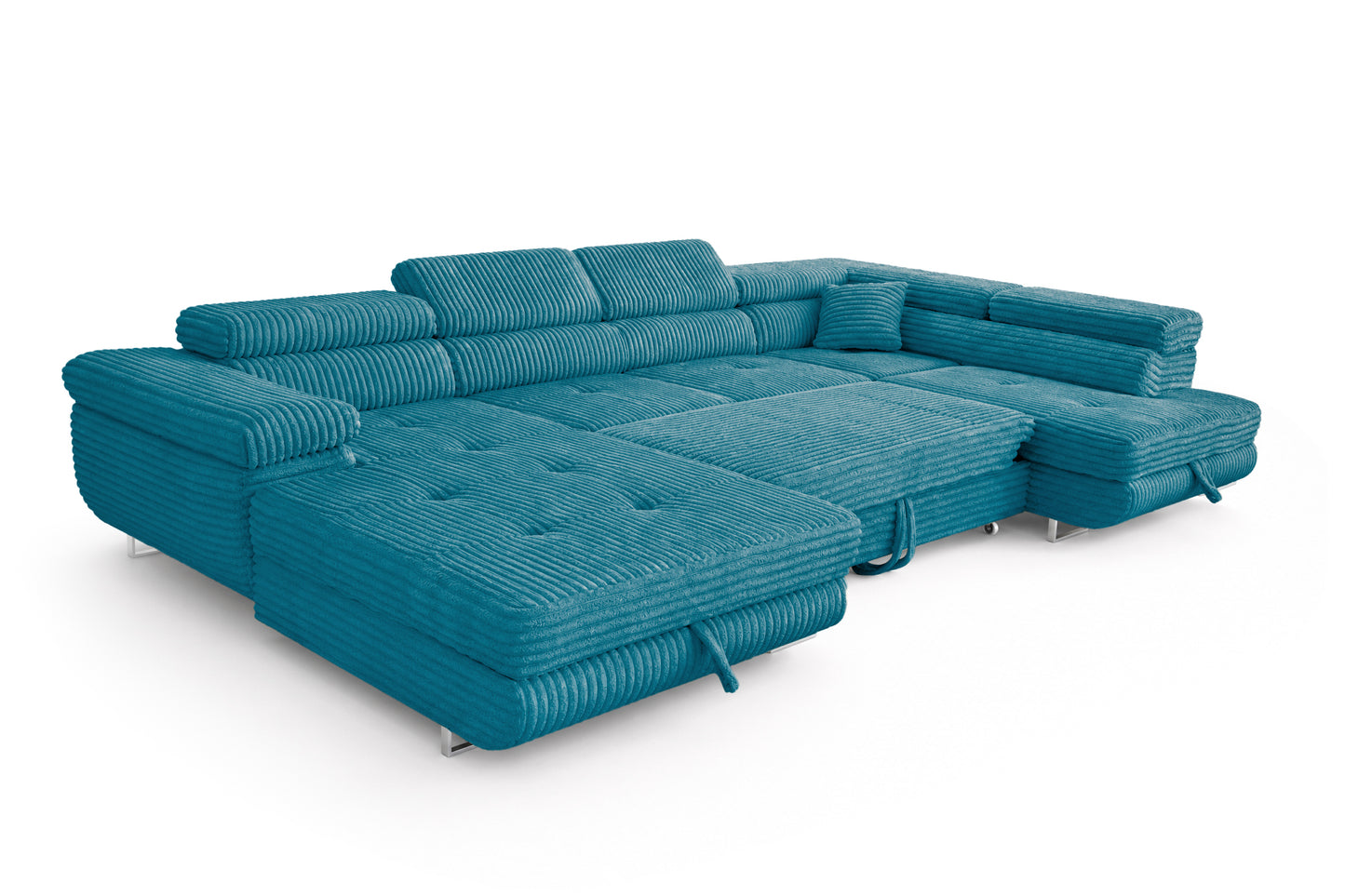 Wohnlandschaft Cordo U XXL U-Form Sofa mit Schlaffunktion & 2 Bettkästen – Breitcord Tilia Türkis– Ottomane Rechts