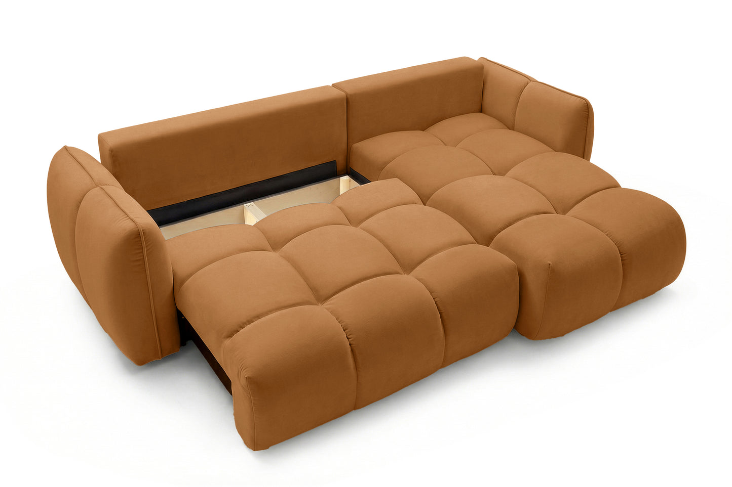 Ecksofa BELVEO mit Schlaffunktion und Bettkasten L-Form Ausrichtung rechts Stoff Bluvel 4215 Rostbraun