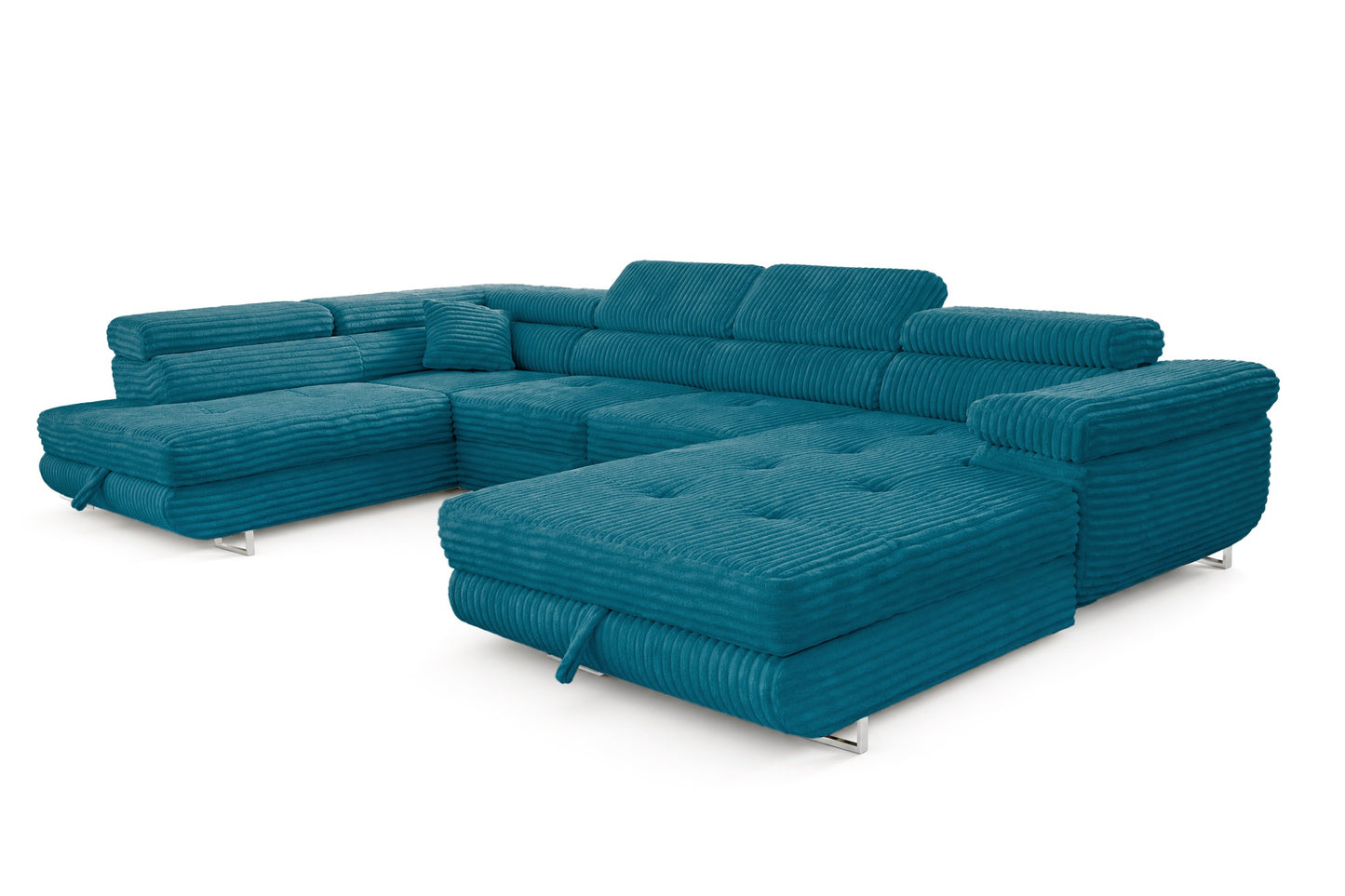 Wohnlandschaft Cordo U XXL U-Form Sofa mit Schlaffunktion & 2 Bettkästen – Breitcord Tilia Türkis– Ottomane Links