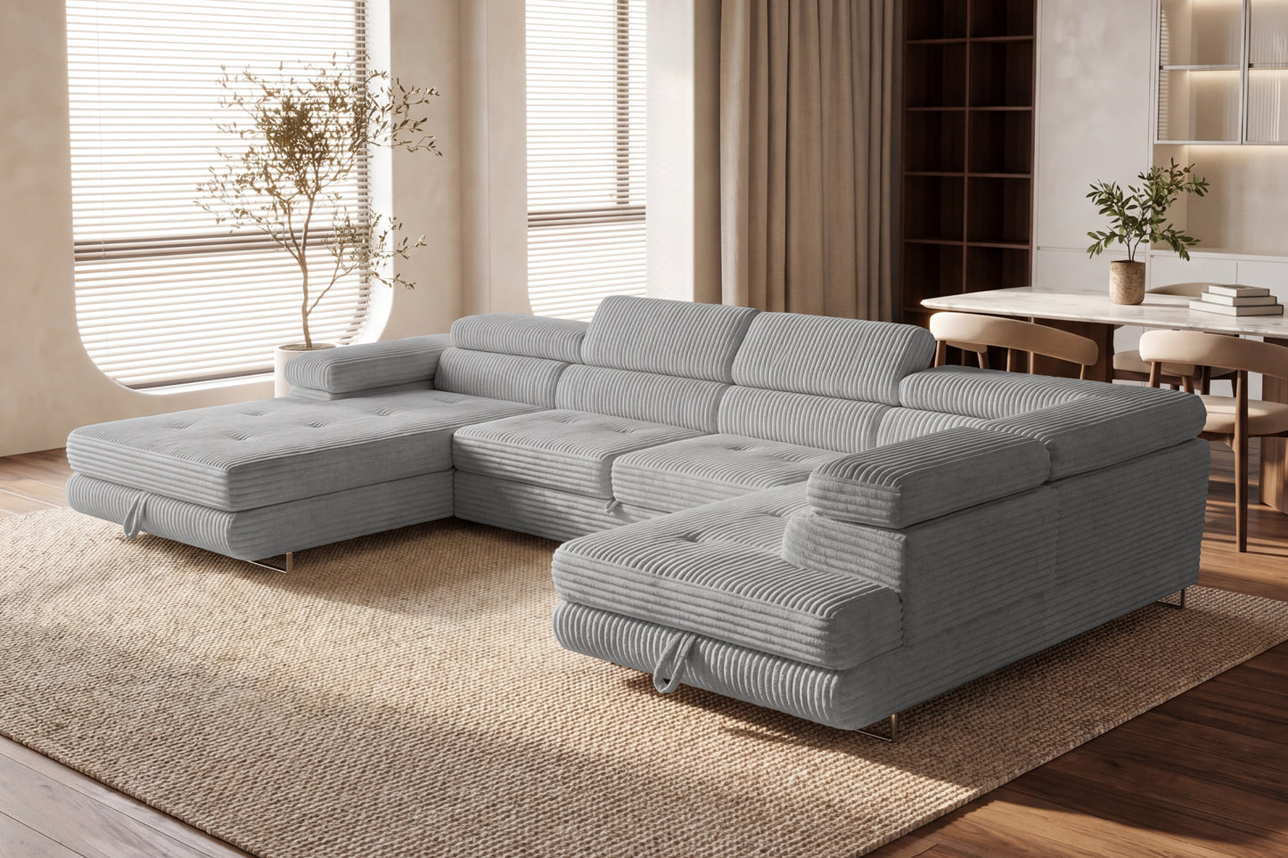 Wohnlandschaft Cordo U XXL U-Form Sofa mit Schlaffunktion & 2 Bettkästen – Breitcord Tilia Hellgrau– Ottomane Rechts