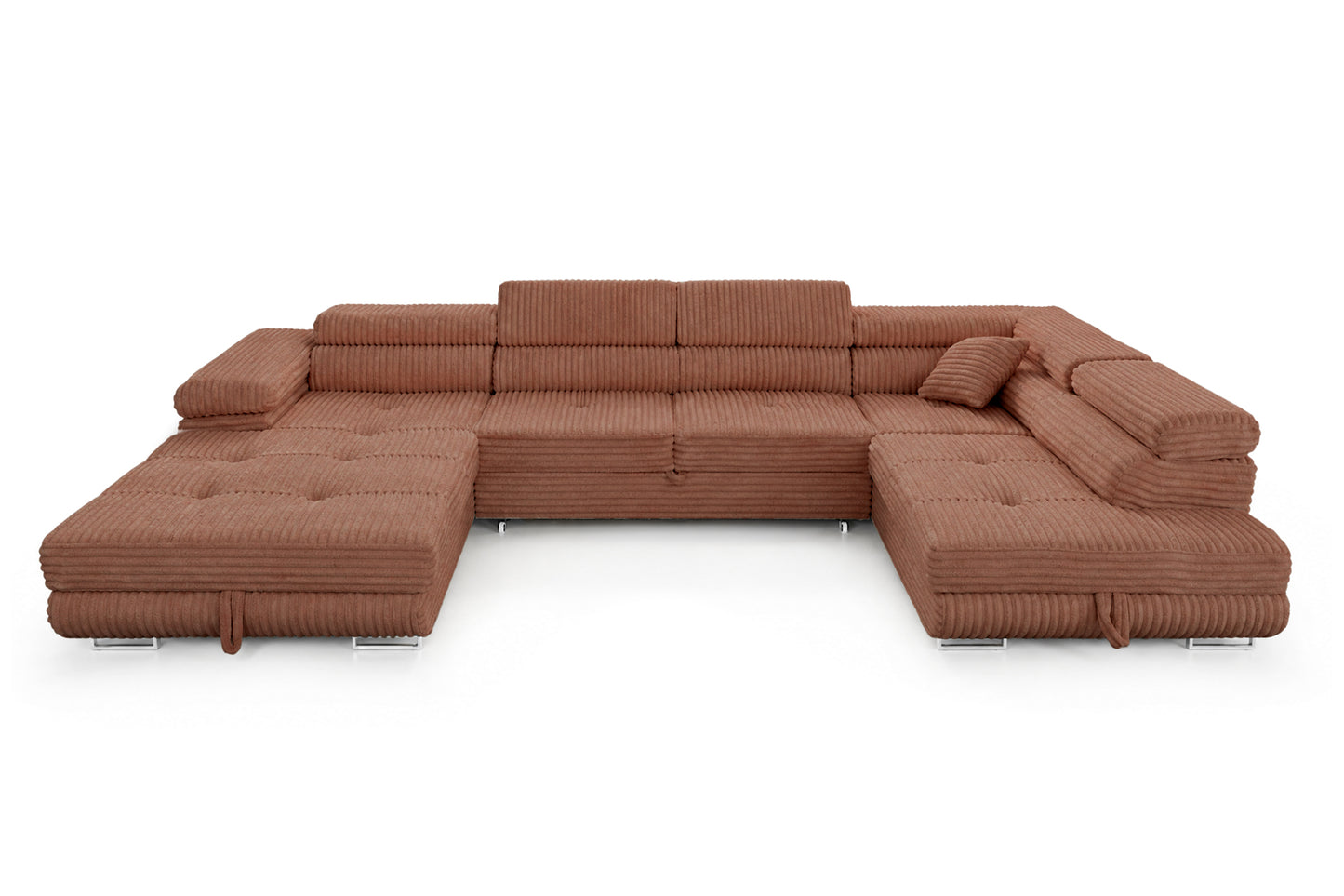 Wohnlandschaft Cordo U XXL U-Form Sofa mit Schlaffunktion & 2 Bettkästen – Breitcord Tilia Terrakotta– Ottomane Rechts