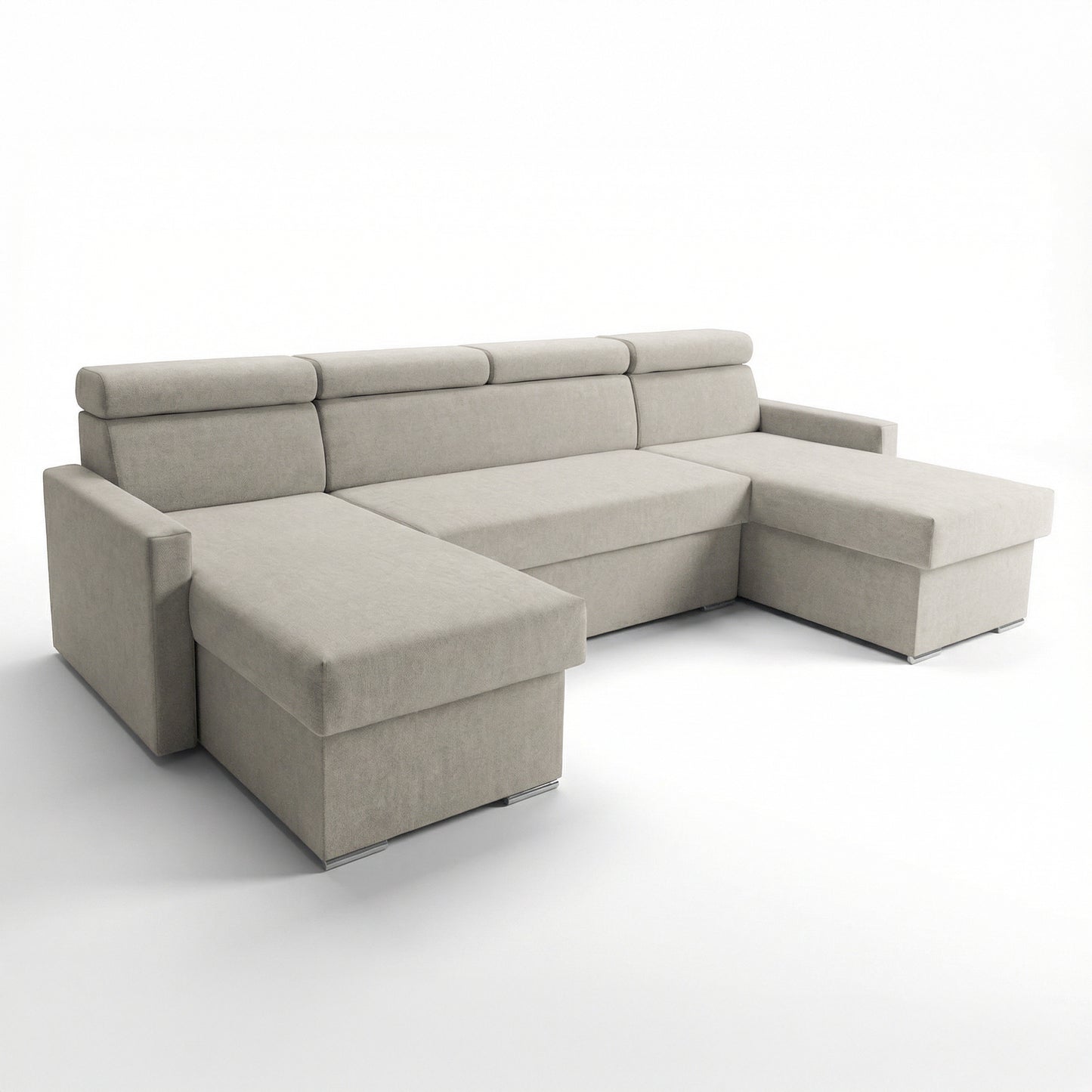 Vega U Wohnlandschaft mit Schlaffunktion und 2 Bettkästen Ecksofa in U-Form Verstellbare Kopfstützen Samt-Stoff Best 305x151 cm (Hellbeige)