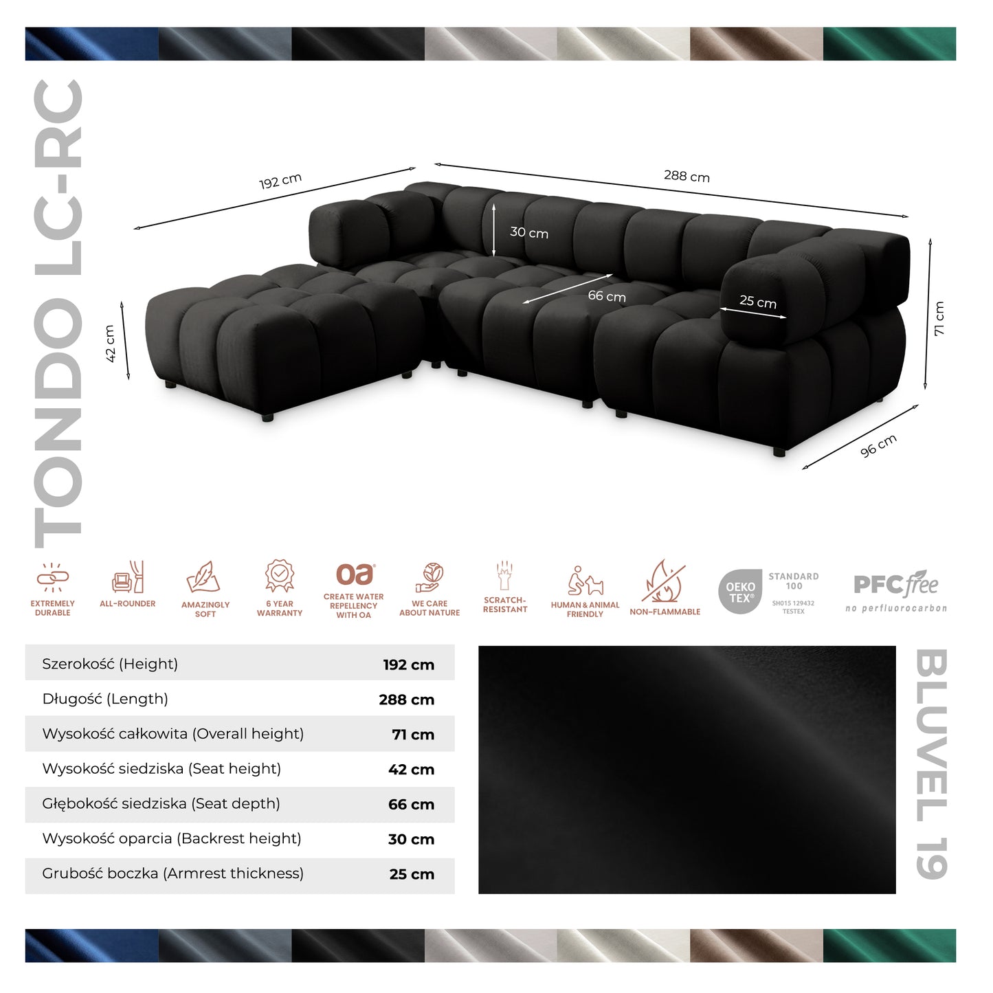 Ecksofa TONDO LC/RC 192x288cm Bluvel 19 Schwarz
