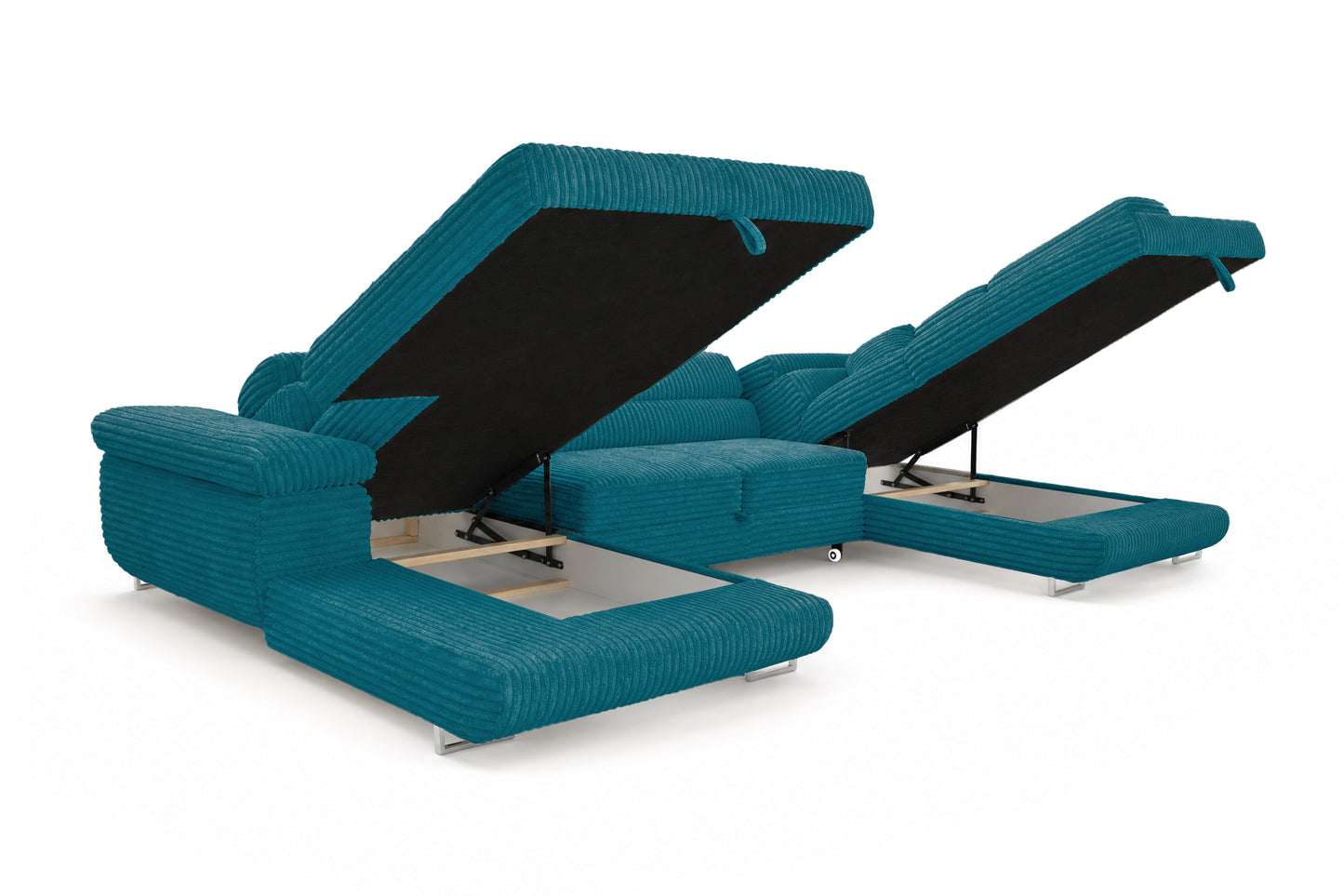 Wohnlandschaft Cordo U XXL U-Form Sofa mit Schlaffunktion & 2 Bettkästen – Breitcord Tilia Türkis– Ottomane Rechts