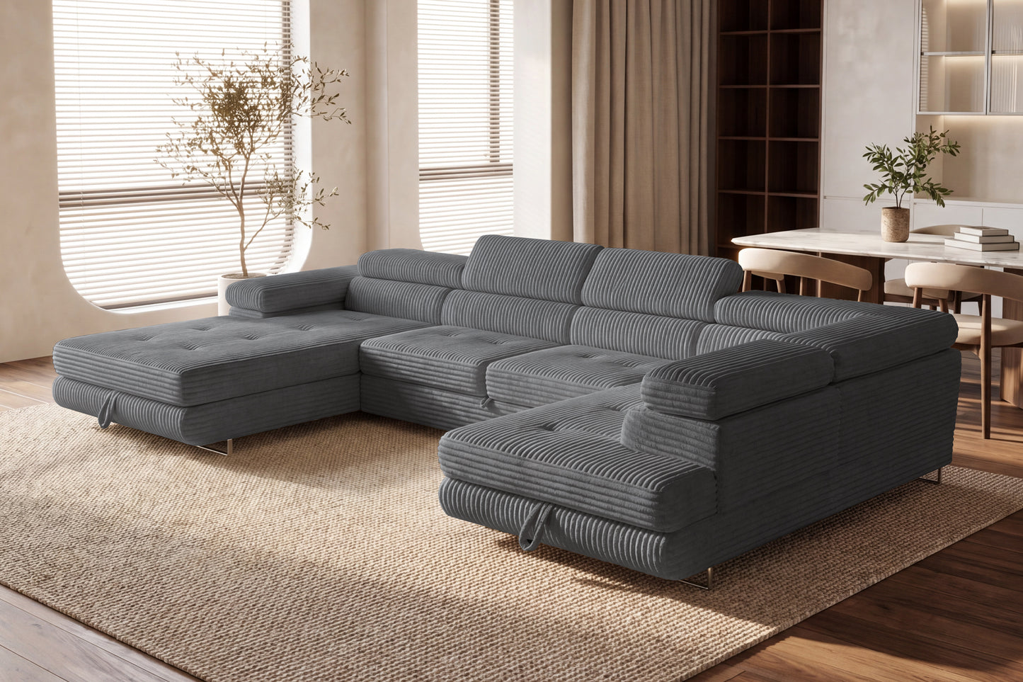 Wohnlandschaft Cordo U XXL U-Form Sofa mit Schlaffunktion & 2 Bettkästen – Breitcord Tilia Grau – Ottomane Rechts
