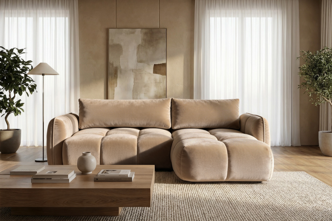 Ecksofa BELVEO mit Schlaffunktion und Bettkasten L-Form Ausrichtung Rechts Stoff Bluvel 28 Dunkelbeige