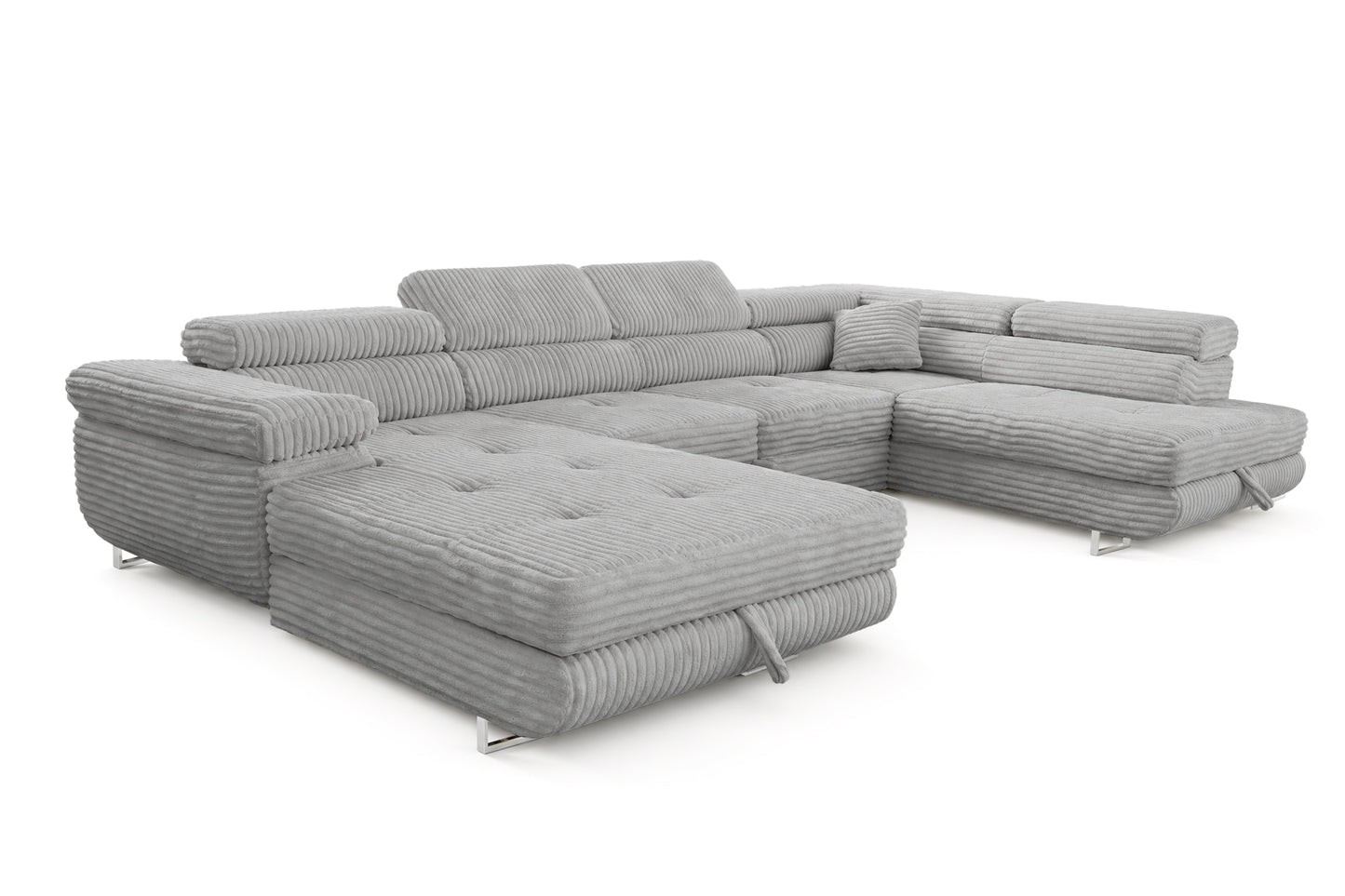 Wohnlandschaft Cordo U XXL U-Form Sofa mit Schlaffunktion & 2 Bettkästen – Breitcord Tilia Hellgrau– Ottomane Rechts