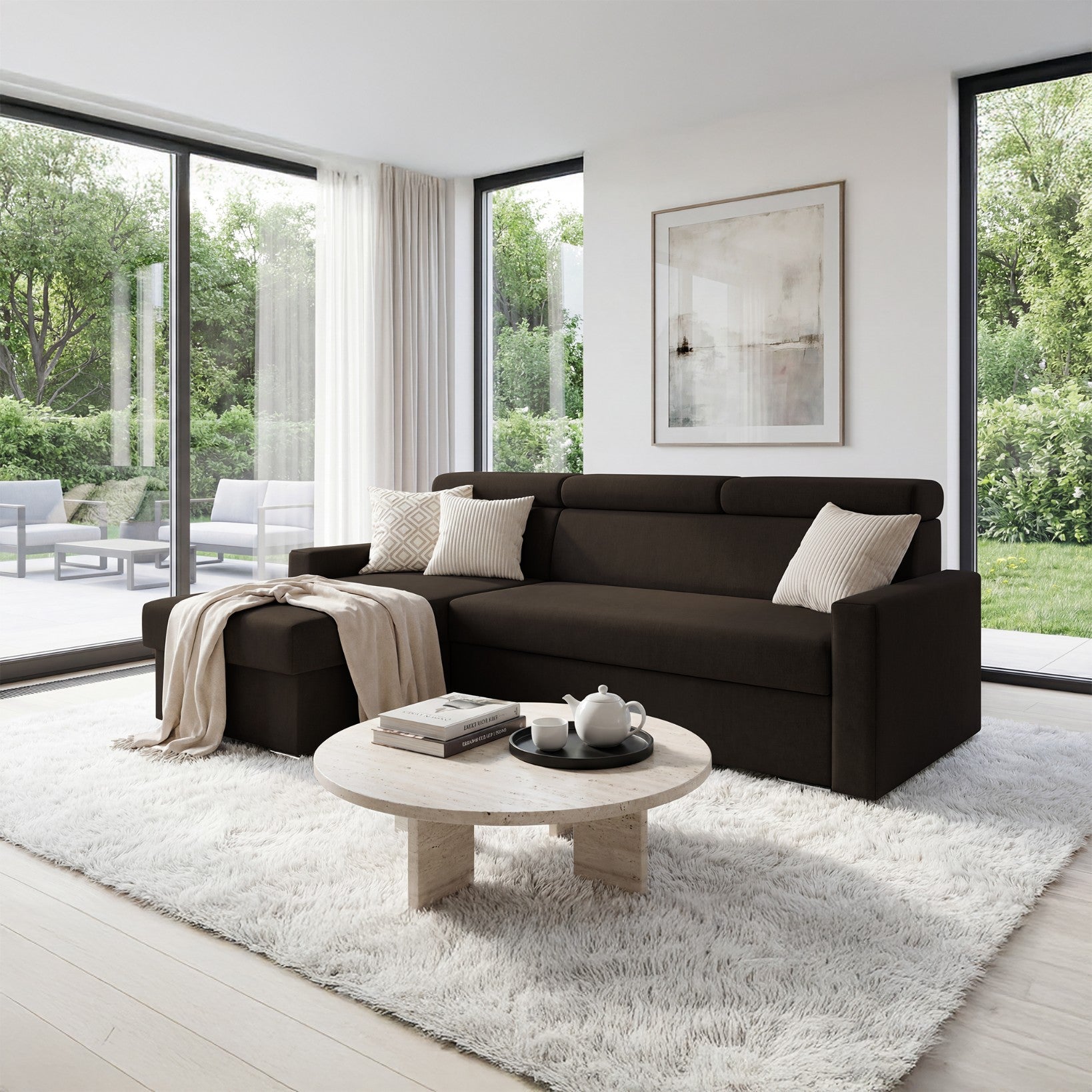 Ecksofa Vega L mit Schlaffunktion & Bettkasten – Samtstoff Best Bronze – Zero-Wall Design wandbündig – L-Form Sofa freistehend