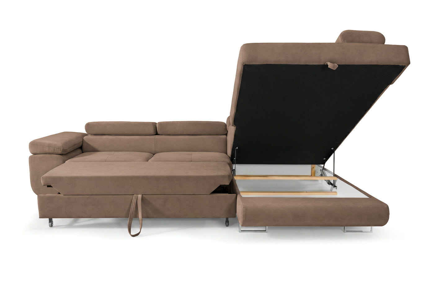 Ecksofa Luca L-Form Braun Stoff Element 05 Rechte Ottomane mit Schlaffunktion & Bettkasten