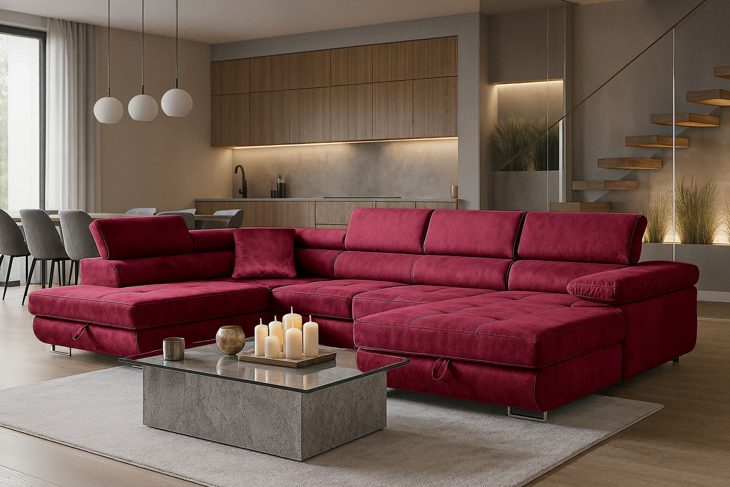 Wohnlandschaft Aller U Monolith XXL-Ecksofa mit Schlaffunktion und zwei Bettkästen in Rot, linke Seite