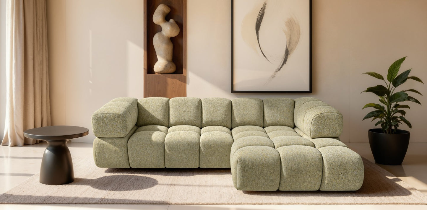 Ecksofa AVERRO 280x150 cm Puente 41 Senfgelb Ottomane RECHTS – Modernes Bubble-Sofa mit weichem Chenille-Strukturstoff