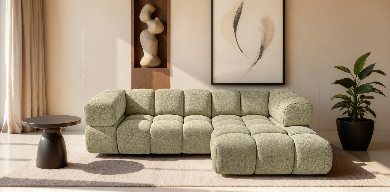 Ecksofa AVERRO 280x150 cm Puente 41Senfgelb Ottomane RECHTS – Modernes Bubble-Sofa mit weichem Chenille-Strukturstoff
