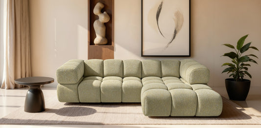 Ecksofa AVERRO 280x150 cm Puente 41 Senfgelb Ottomane RECHTS – Modernes Bubble-Sofa mit weichem Chenille-Strukturstoff