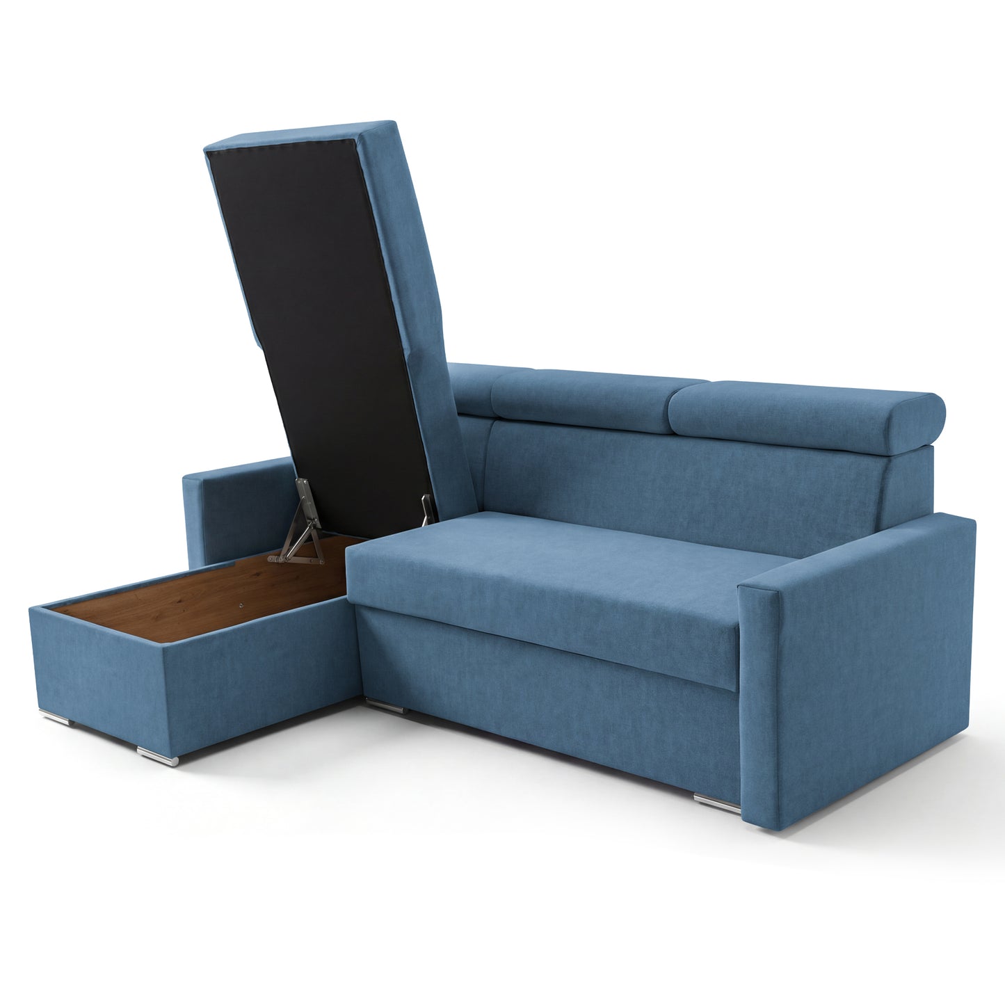Ecksofa Vega L mit Schlaffunktion & Bettkasten – Samtstoff Best Blau – Zero-Wall Design Wandbündig – L-Form Sofa Freistehend