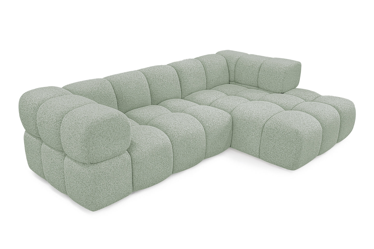 Ecksofa AVERRO 280x150 cm Puente 33 Salbeigrün Ottomane RECHTS – Modernes Bubble-Sofa mit weichem Chenille-Strukturstoff