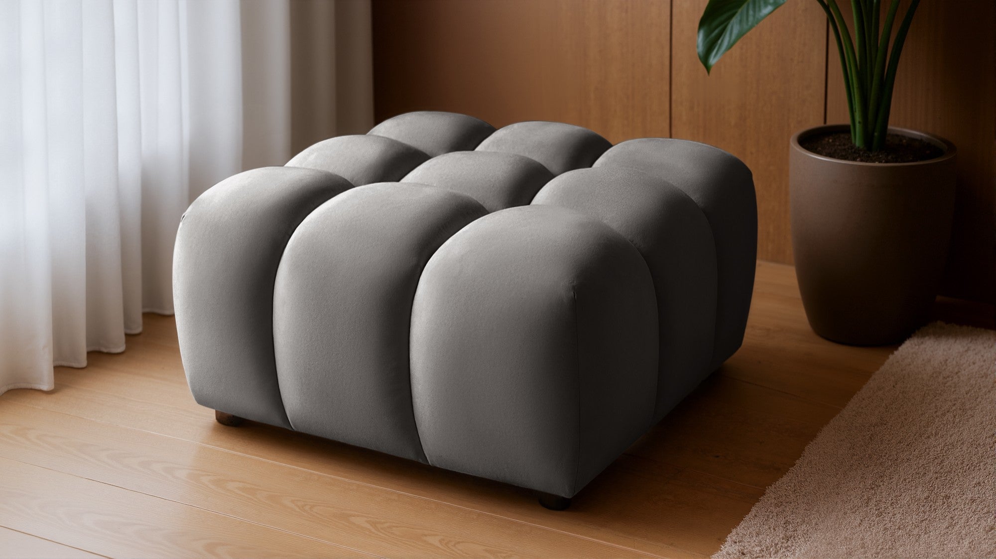 Design Sitzpouf Tondo 96x96 cm – Luxushocker Samt Bluvel 14 Grau – Moderner Bubble-Look – Premium Polsterhocker mit HR-Schaum