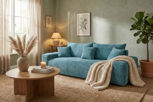 Sofa CORDO by Sofiland - Schlafsofa mit Bettkasten, Cord-Sofa 265x105 cm, Blau 75