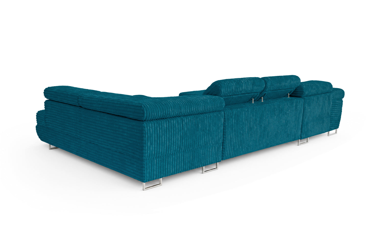 Wohnlandschaft Cordo U XXL U-Form Sofa mit Schlaffunktion & 2 Bettkästen – Breitcord Tilia Türkis– Ottomane Rechts