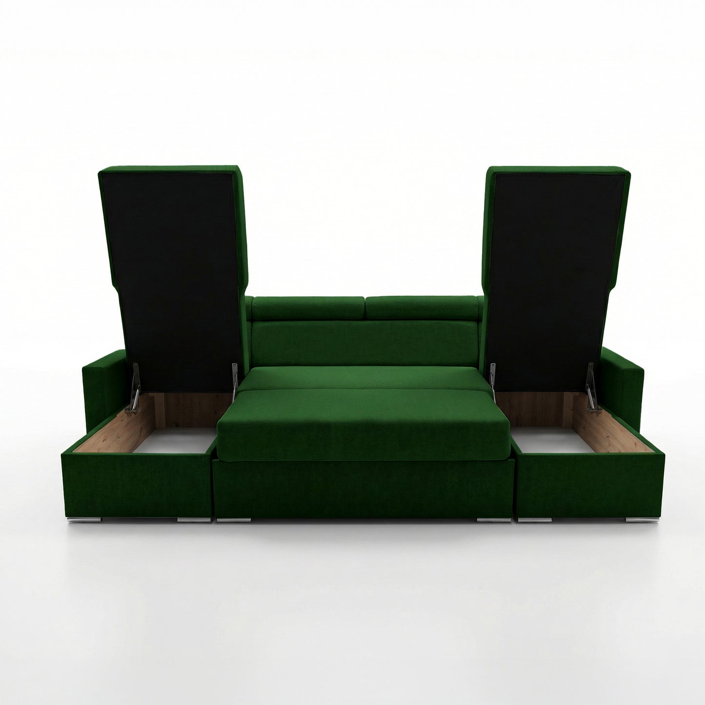 Vega U Ecksofa nach Maß | Breite anpassbar | Schlaffunktion 2 Bettkasten U-Form verstellbare Kopfstützen Samt-Stoff Best 305x151 cm (Flaschengrün)