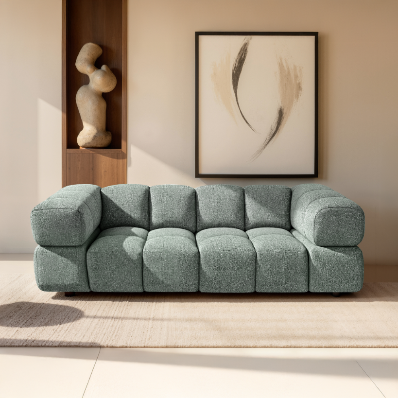 Design-Sofa 3-Sitzer TONDO PUENTE 33 – Strukturstoff in Bouclé-Optik – Wellenförmiges Design – Minze