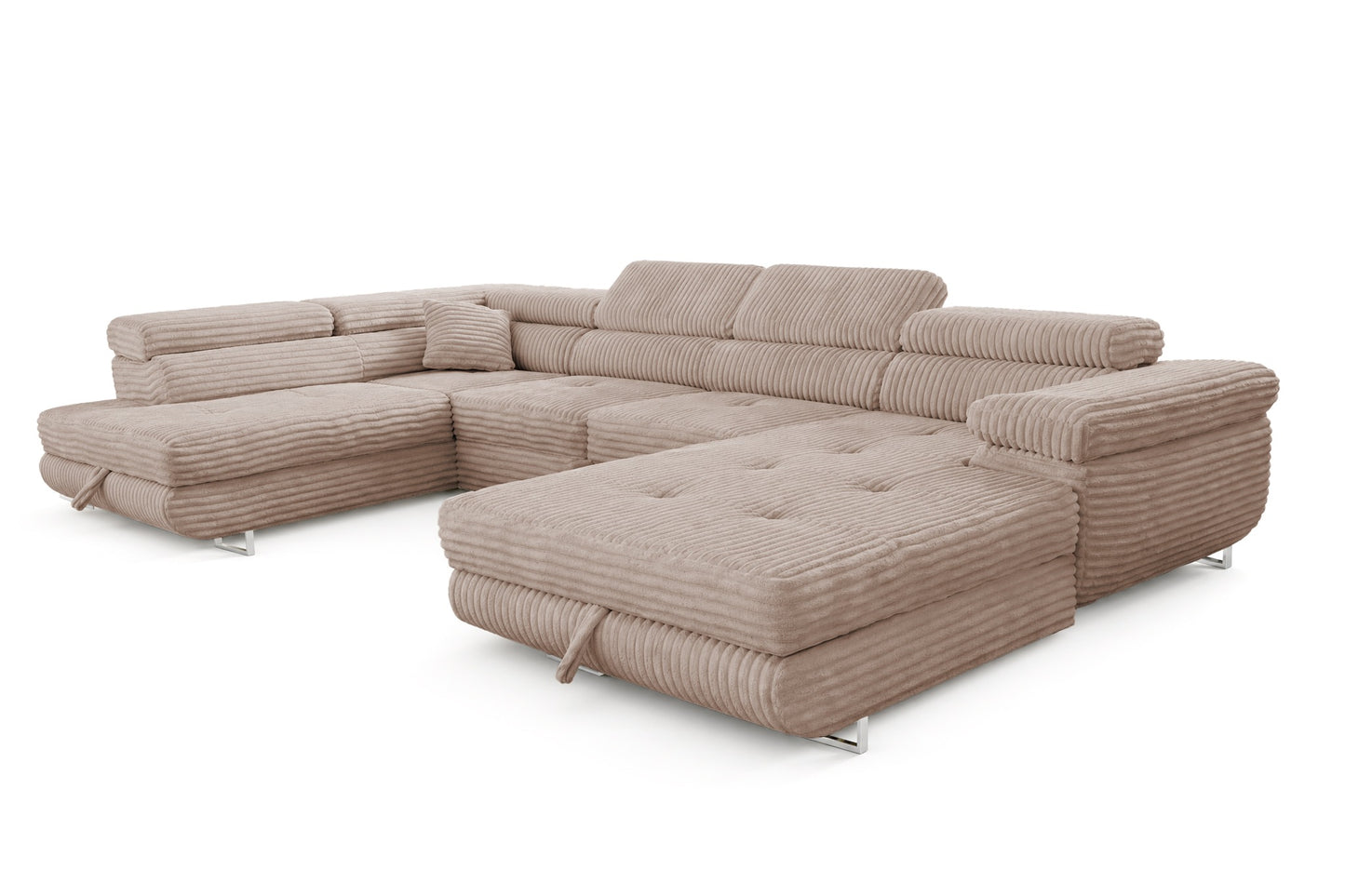 Wohnlandschaft Cordo U XXL U-Form Sofa mit Schlaffunktion & 2 Bettkästen – Breitcord Tilia Beige– Ottomane Links