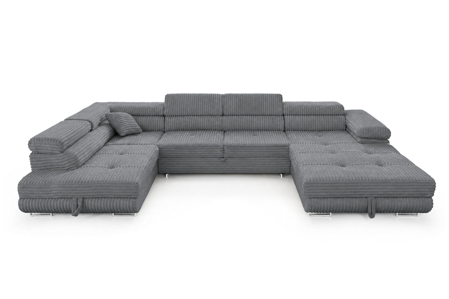 Wohnlandschaft Cordo U XXL U-Form Sofa mit Schlaffunktion & 2 Bettkästen – Breitcord Tilia Grau– Ottomane Links