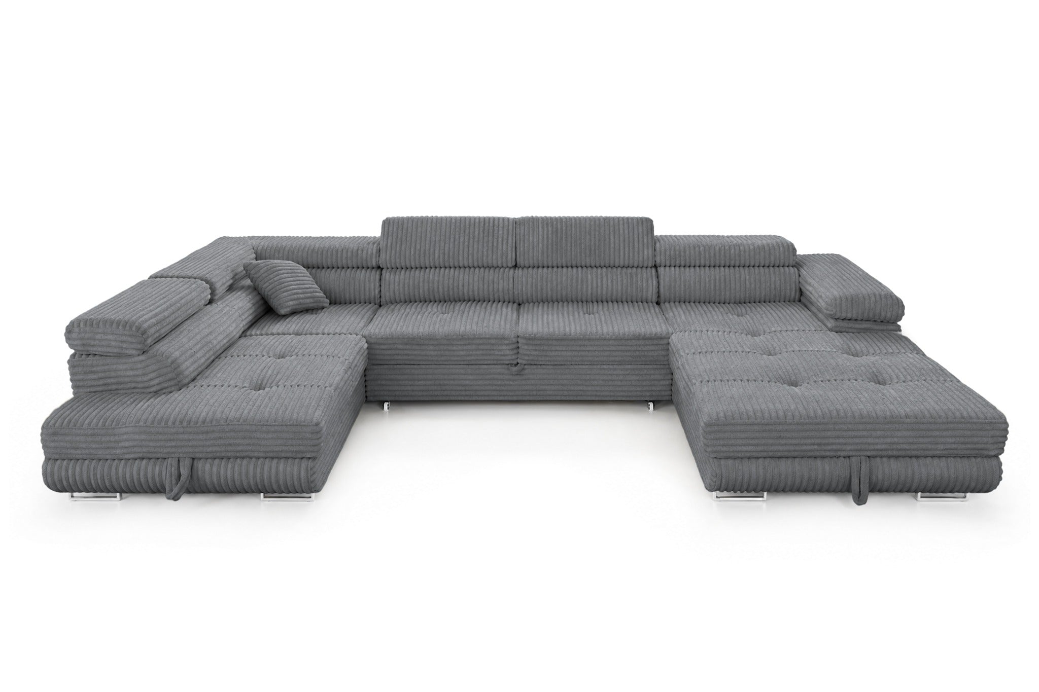 Wohnlandschaft Cordo U XXL U-Form Sofa mit Schlaffunktion & 2 Bettkästen – Breitcord Tilia Grau– Ottomane Links