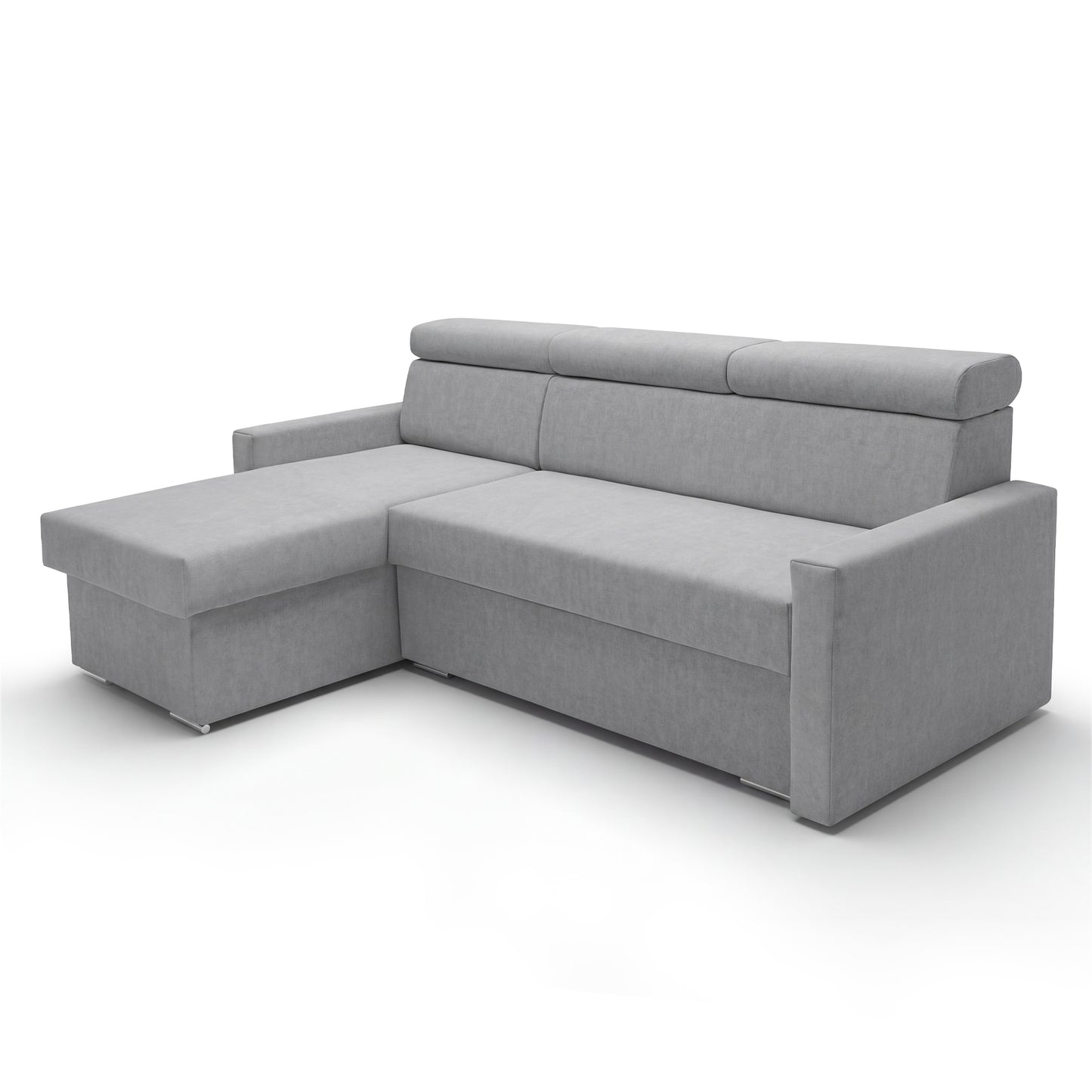 Ecksofa Vega L mit Schlaffunktion & Bettkasten – Samtstoff Best Hellgrau– Zero-Wall Design Wandbündig – L-Form Sofa Freistehend