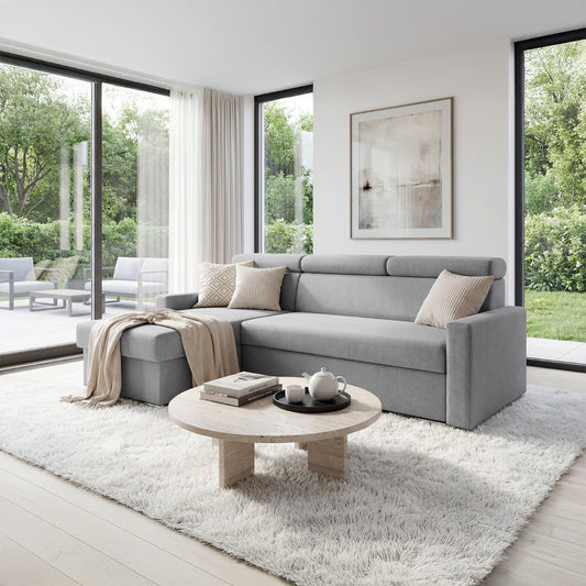 Ecksofa Vega L mit Schlaffunktion & Bettkasten – Samtstoff Best Hellgrau– Zero-Wall Design Wandbündig – L-Form Sofa Freistehend