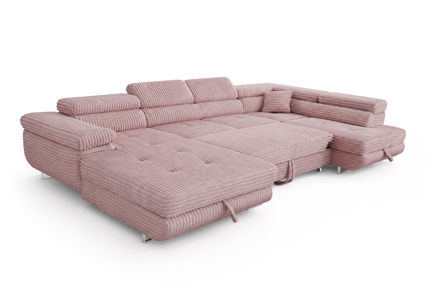 Wohnlandschaft Cordo U XXL U-förmiges Sofa mit Schlaffunktion & 2 Bettkästen – Breitcord Tilia Altrosa – Ottomane Rechts