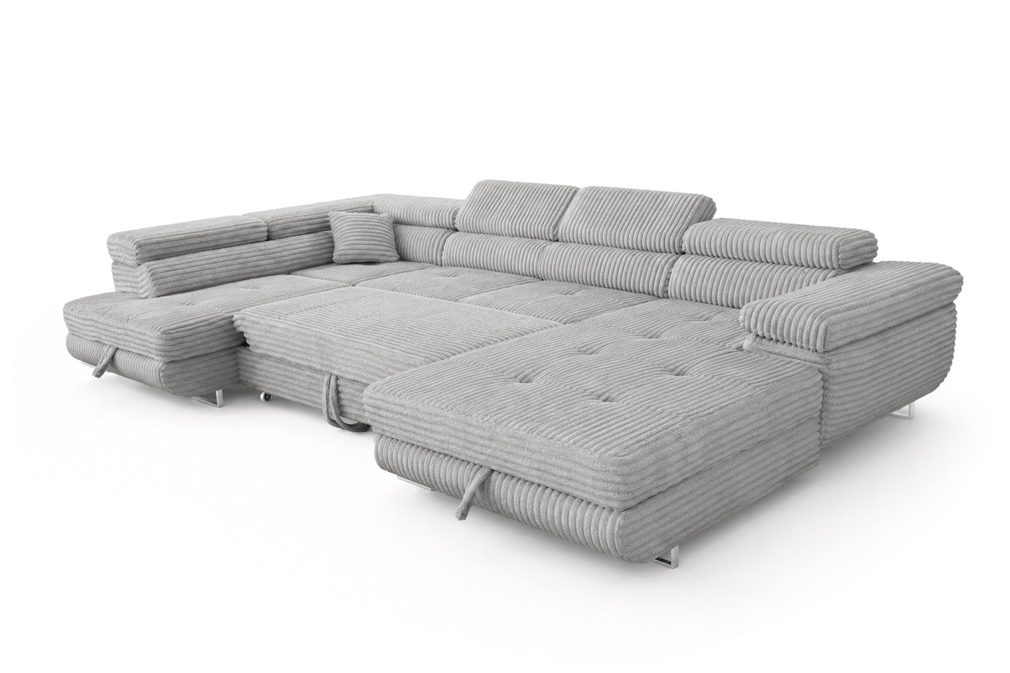 Wohnlandschaft Cordo U XXL U-Form Sofa mit Schlaffunktion & 2 Bettkästen – Breitcord Tilia Hellgrau– Ottomane Links