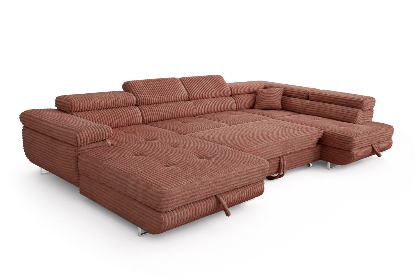 Wohnlandschaft Cordo U XXL U-Form Sofa mit Schlaffunktion & 2 Bettkästen – Breitcord Tilia Terrakotta– Ottomane Rechts
