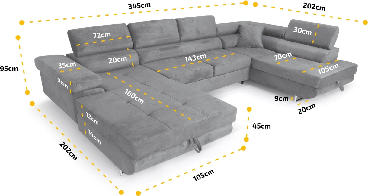 Sofiland Aller XXL U-Form Ecksofa rechts mit Schlaffunktion, Couchgarnitur mit 2 Bettkästen, Wohnzimmersofa Hellgrau MONOLITH 84, Sofa, Bettsofa