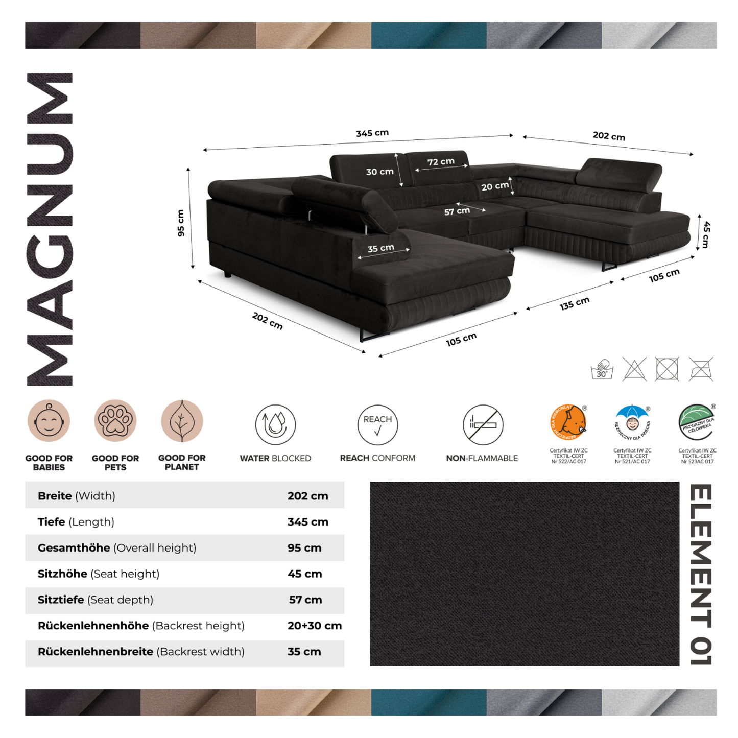 U-förmiges Schlafsofa Magnum Graphit 345x202 cm – Flexibles Design ohne feste Seite