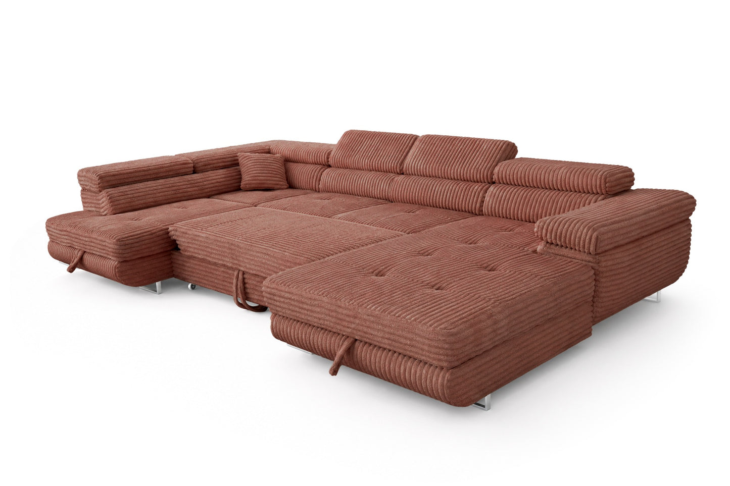 Wohnlandschaft Cordo U XXL U-Form Sofa mit Schlaffunktion & 2 Bettkästen – Breitcord Tilia Terrakotta– Ottomane Links