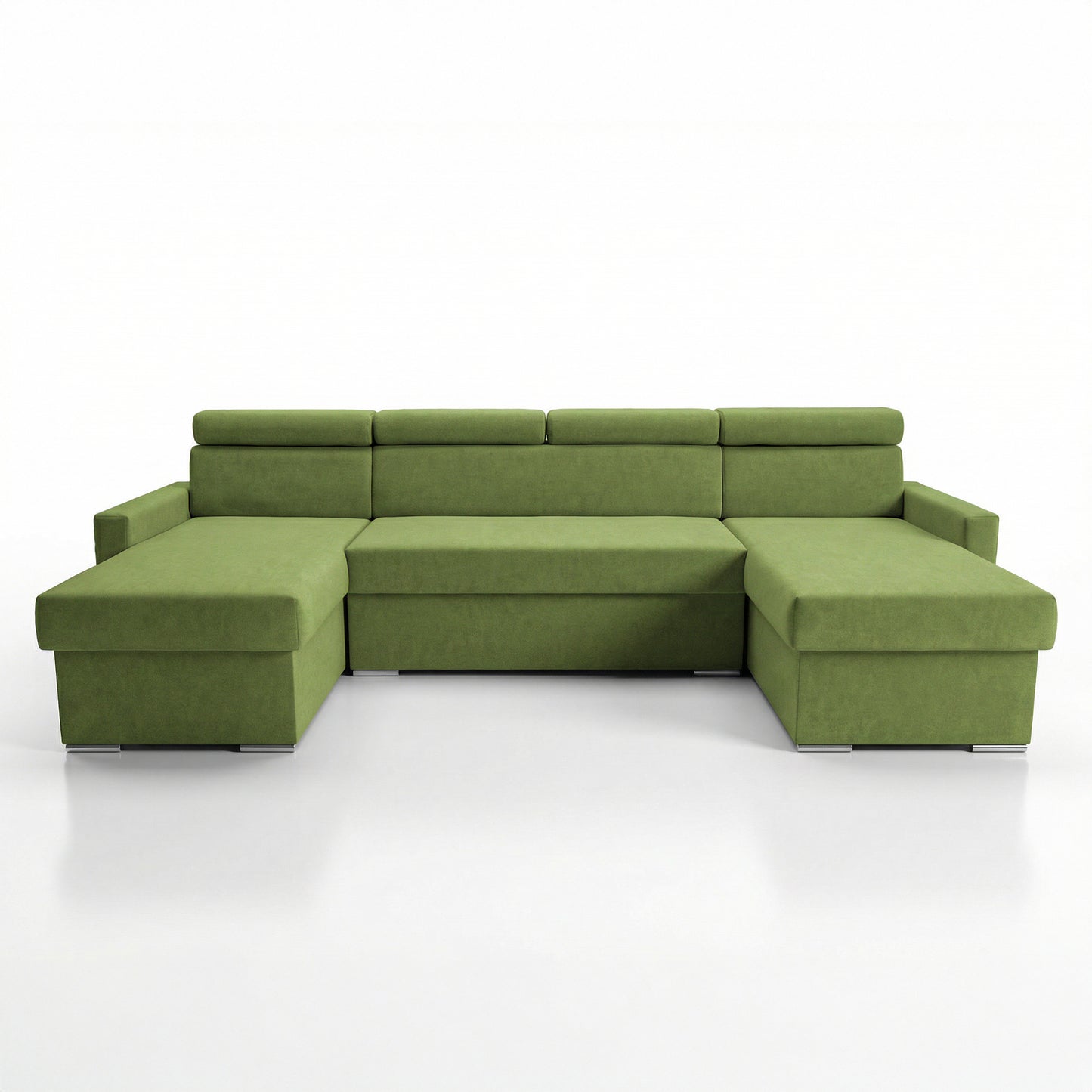 Vega U Ecksofa nach Maß | Breite anpassbar | Schlaffunktion 2 Bettkästen U-Form verstellbare Kopfstützen Samtstoff Best 305x151 cm (Grün)